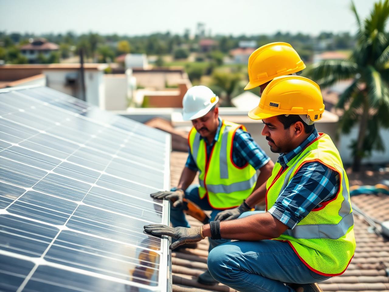 Professional solar technicians installing rooftop panels